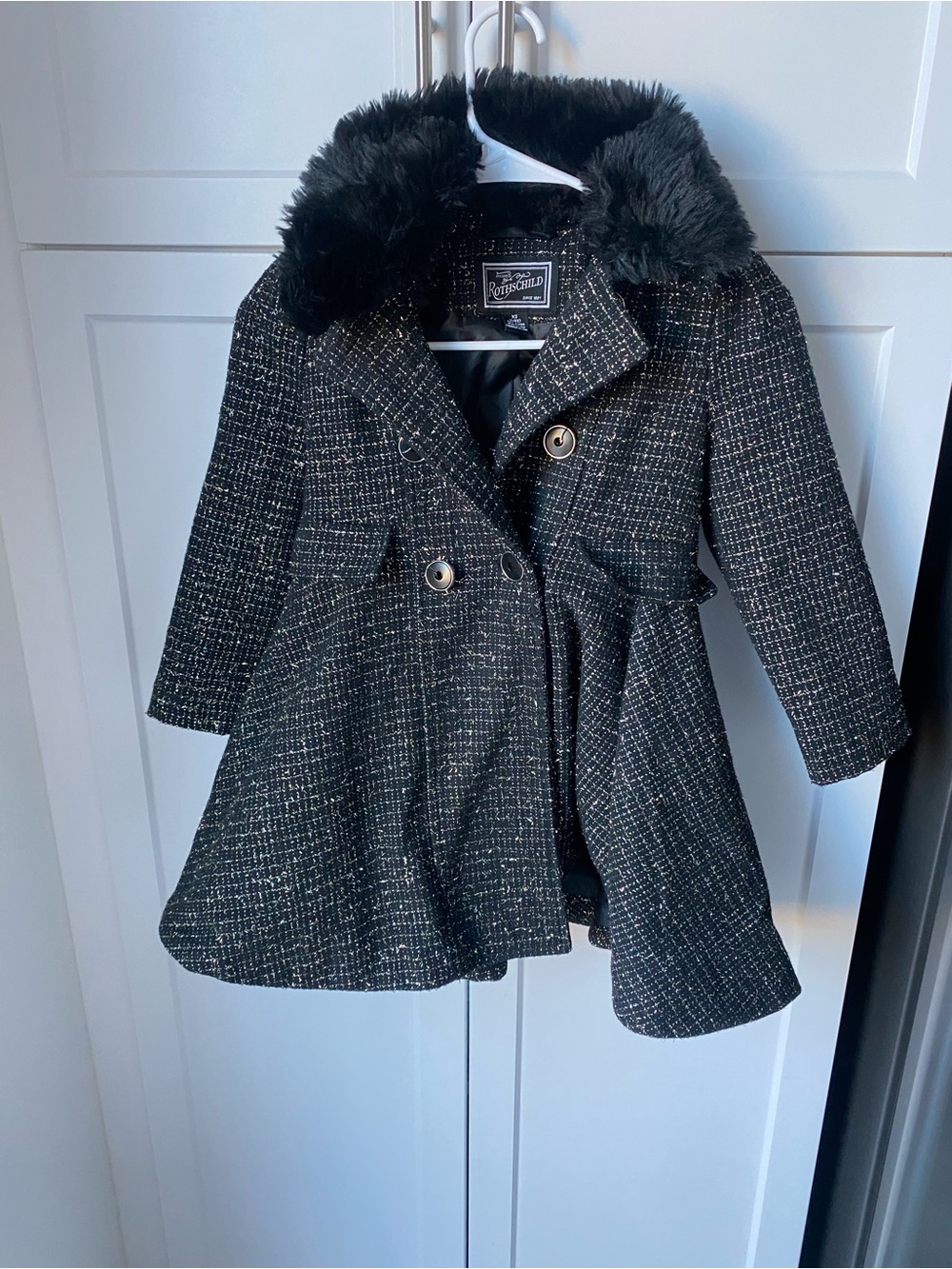 Rothschild girls black metallic tweed pea coat fur XS 6/6X